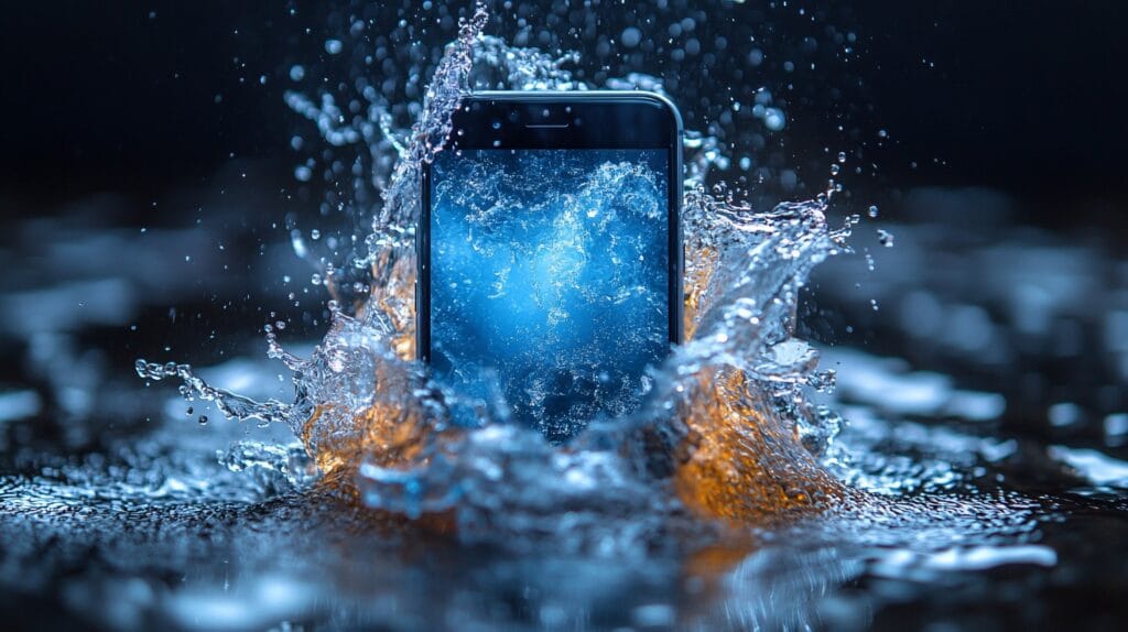 Smartphone immerso nell'acqua, esempio di danni da liquidi