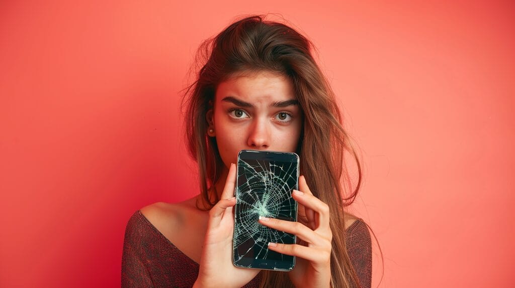 Donna preoccupata mostra lo schermo rotto del suo smartphone